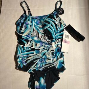 Floral Tropical Black & Teal One-Piece Swimsuit